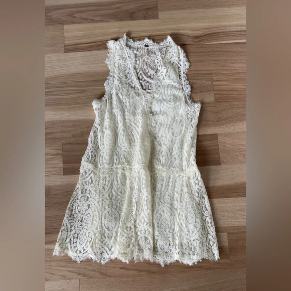 Free people Victorian Ivory Lace drop waist V-neck sleeveless mini dress Size M - Picture 3 of 12